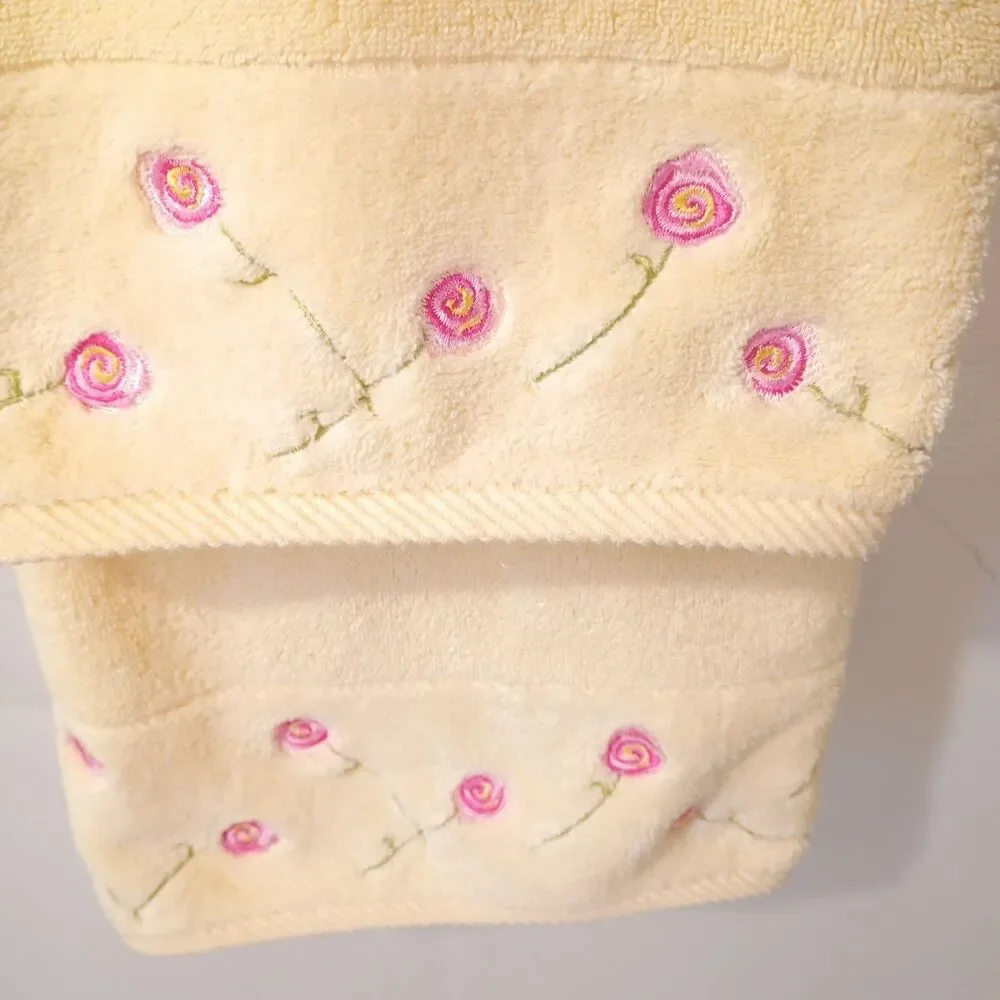 Vintage Turkish Cotton Towels Yellow Pink Embroidered Roses 2 Bath 1 Hand EUC